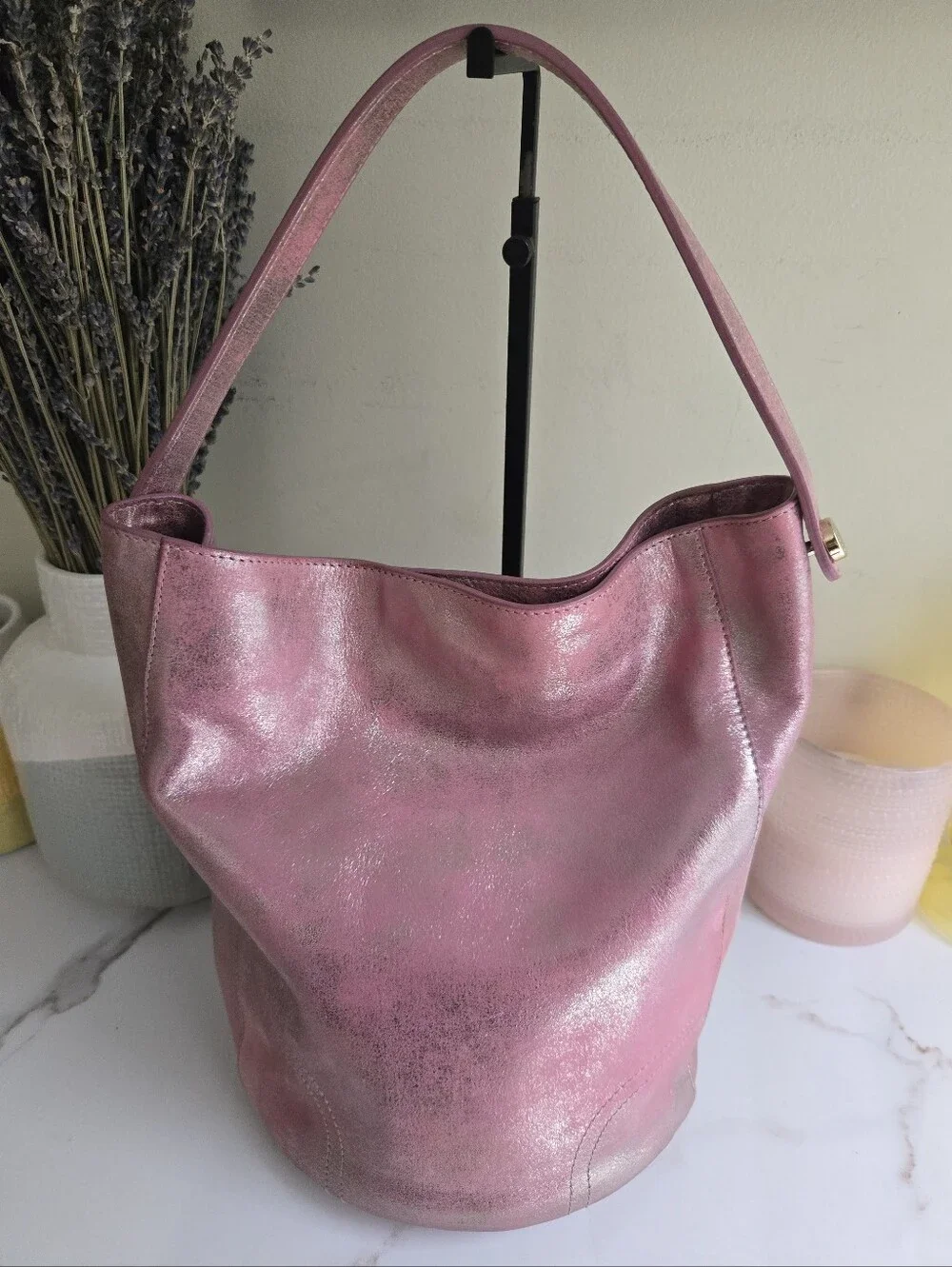 GUC Furla Pink Metallic Leather Hobo Bucket Bag With Strap